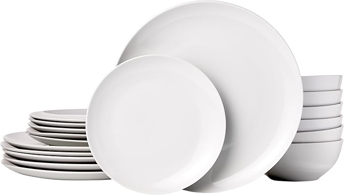 Amazon Basics 18-Piece White Porcelain Cut Dinner Set for 6 People