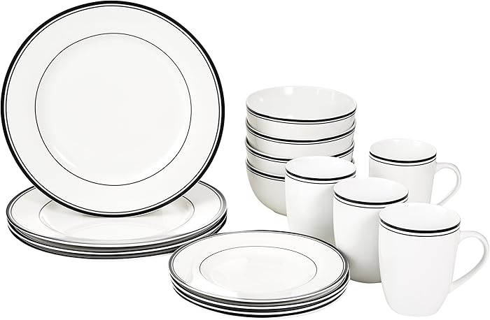 Amazon Basics Coffee 16 Piece Dinner Set for 4 People Black Stripe Design