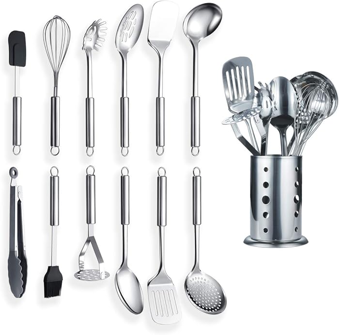 Berglander 12 Pcs Stainless Steel Kitchen Utensil with 1 Stand Kitchen Spoon Kitchen Utensils (13pcs)