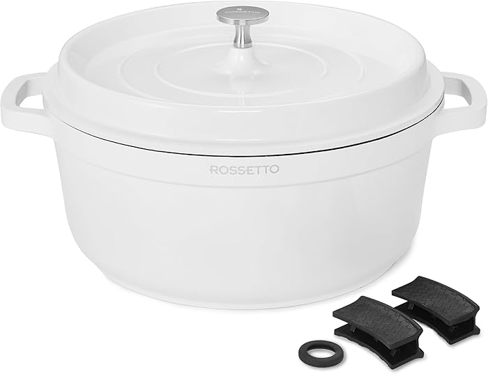 ROSSETTO 6.6L Round Casserole Dish Cast Aluminium, Non-Stick Ceramic Coating, Lid with Flavour Nubs, Suitable for All Heat Sources Including Induction and Oven up to 220°C (28 cm, White)