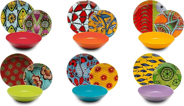 Excelsa Afrika 18-Piece Porcelain and Ceramic Plate Set, Multi-Colour