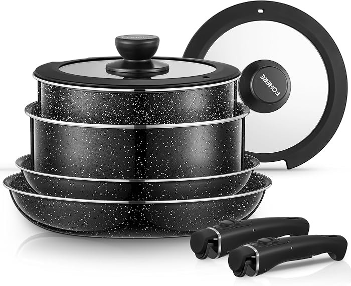 FOHERE Set Poêle et Casserole Induction 8 Pièces avec 2 Poignées Amovibles