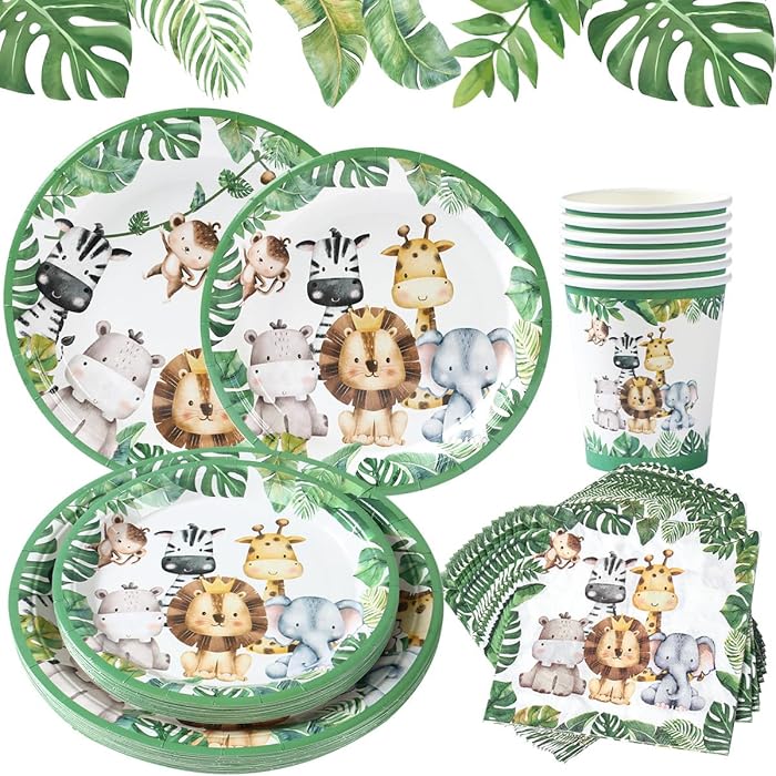 Jungle Animals Disposable Plates – 96pcs Safari Theme Tableware 