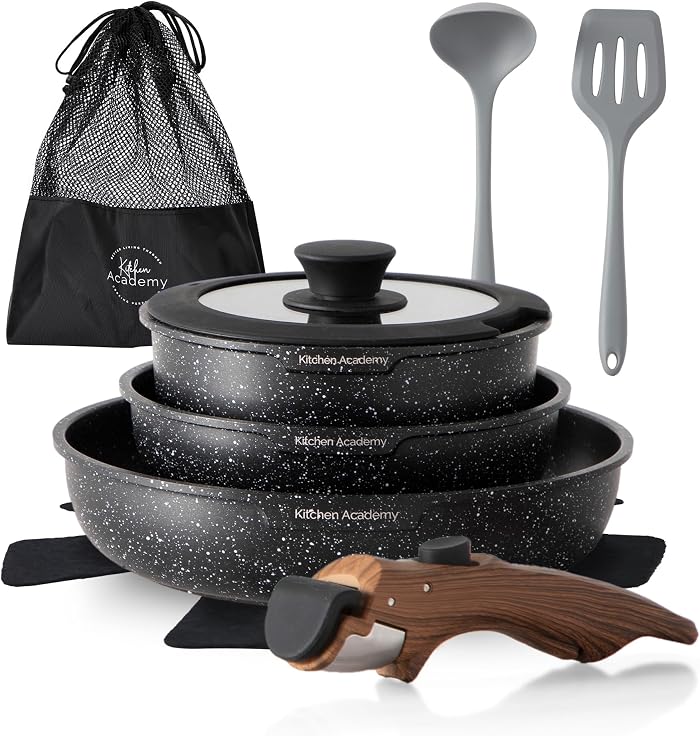 Kitchen Academy Lot de 10 Casseroles et Poêles,Poignée Amovibl,Noir