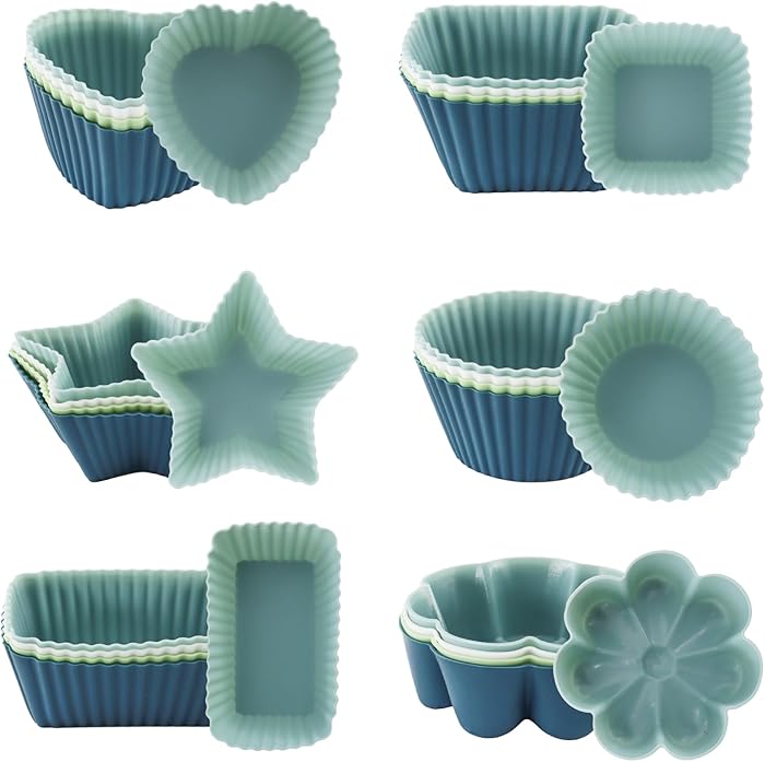 24 Silicone Muffin Tins, 6 Kinds of Reusable Silicone Muffin Tins, Muffin Cups with Non-Stick Coating (4 Colors)
