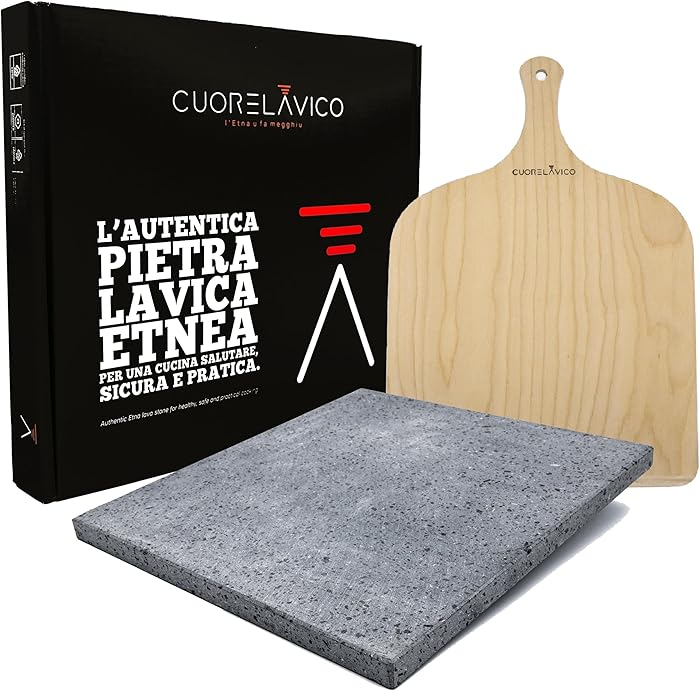 Cuore Lavico - Etna Lava Stone Fire Plate Set for Pizza and Bread 39 x 35 x 2 cm + Pelle 