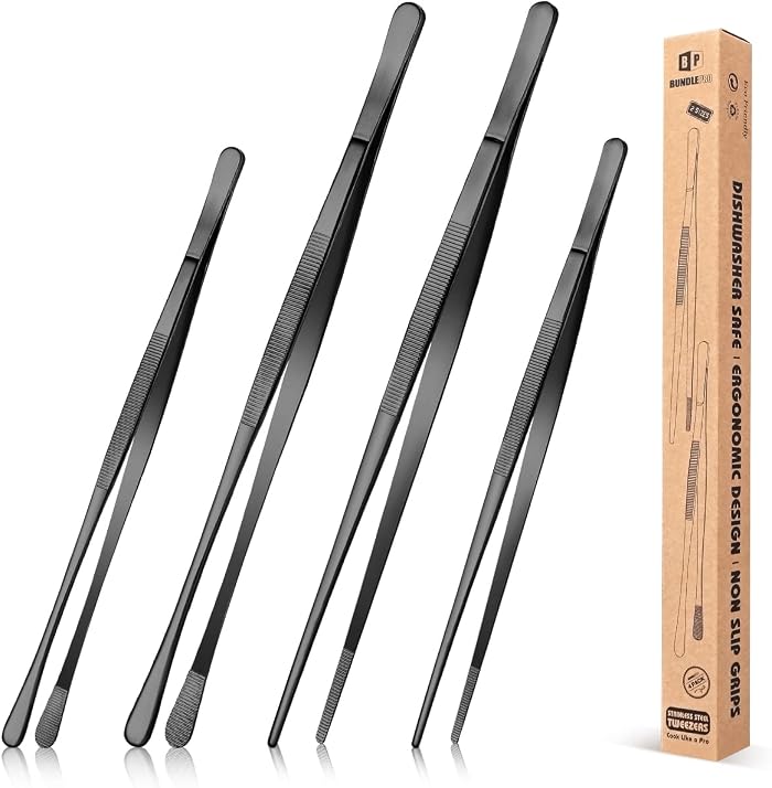 4 Pcs Stainless Steel Kitchen Tongs, 12 and 10 Inch Long Black Professional Kitchen Tongs for Kitchen Repair Seafood BBQ