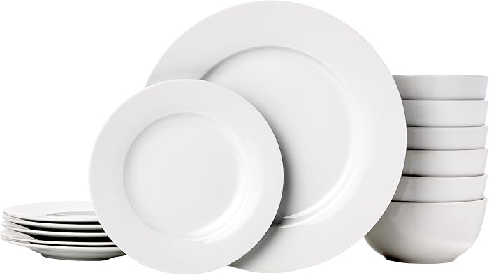 Amazon Basics Service de table en porcelaine pour 6 personnes 18 pièces, Blanc
