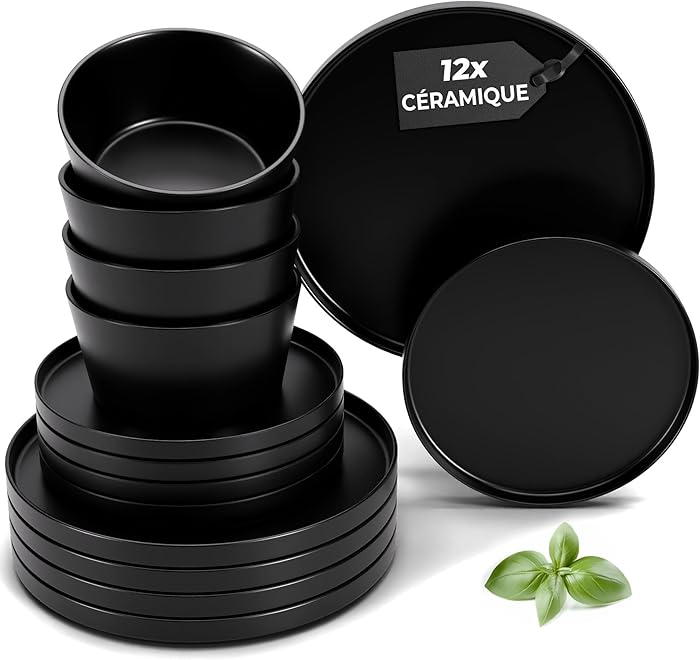 MIAMIO Service de Vaisselle Noir 12 Pièces Stoneware Collection Luxe