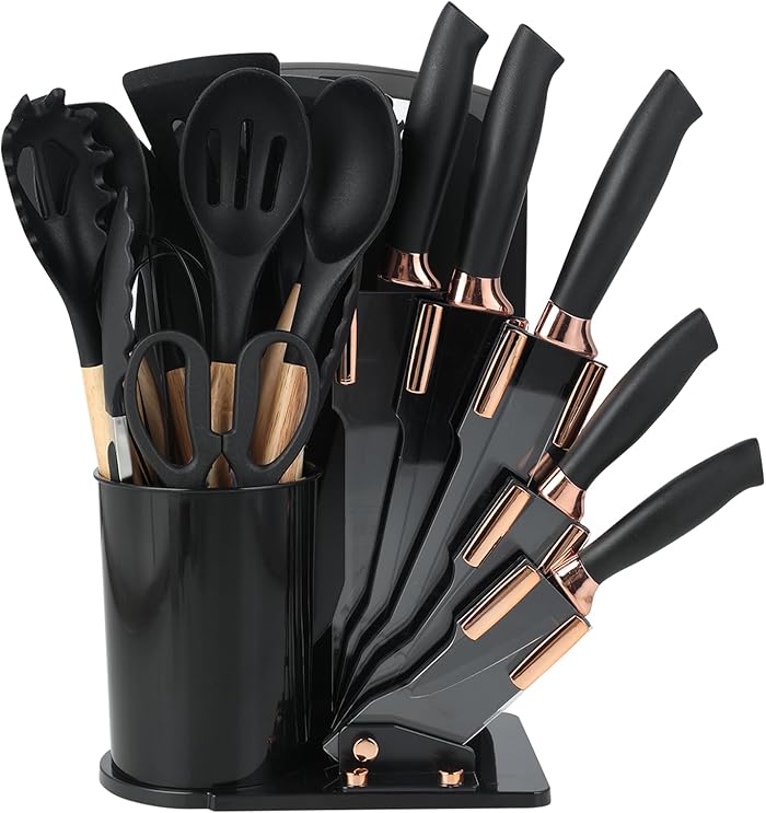 19 Piece Silicone Kitchen Knife Set with 12 Kitchen Utensils, 5 Knives, Cutting Board and Stand, Dishwasher Safe