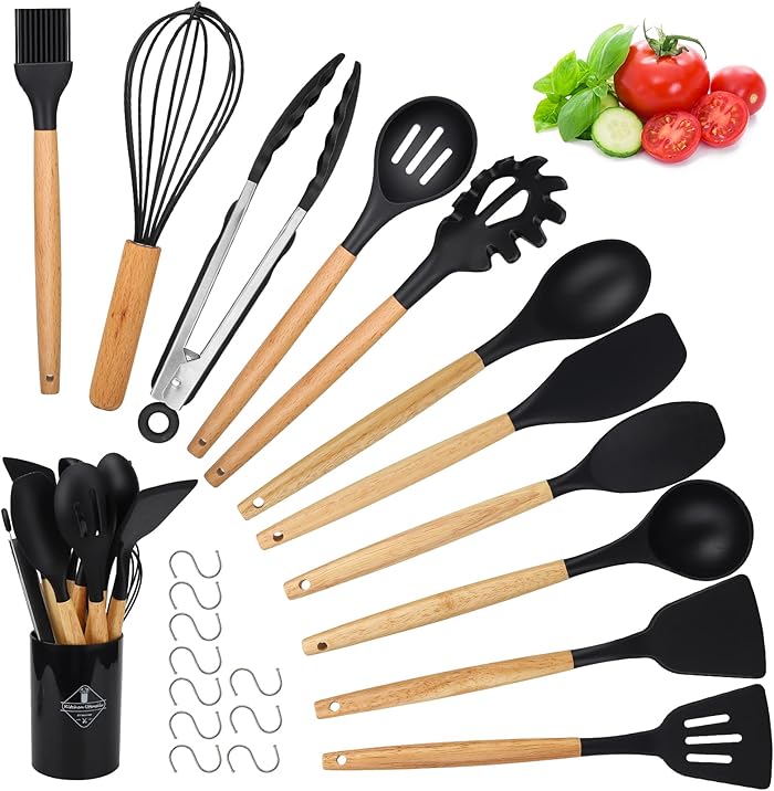 hicoosee 22-Piece Silicone Kitchen Utensils Set, BPA-Free, Wooden Utensils Kit, Non-Stick Set avec pot de rangement, Noir