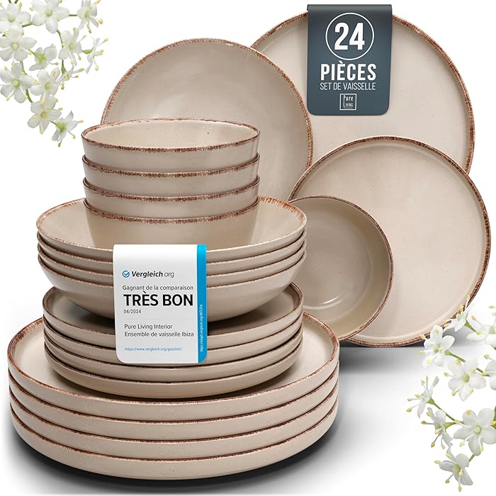 Stoneware Tableware Set for 6 People Rustic 24 Pieces Beige Pure Living