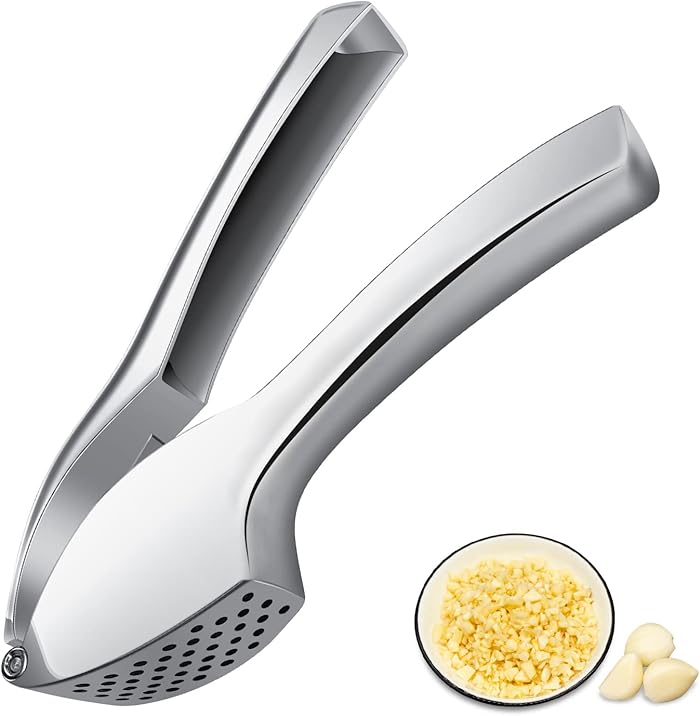 Fousenuk, Garlic Press, Extra Strong and Durable Manual Garlic Press, Ginger Mincer, Easy to Squeeze and Use and Clean, Elegant Design in Zinc Alloy