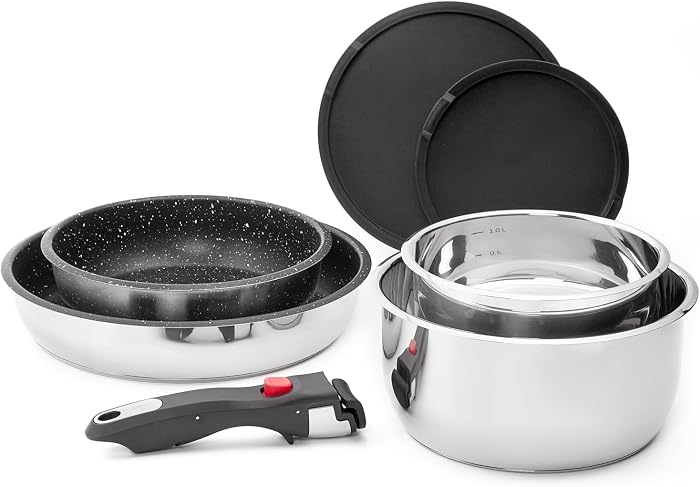 ROSSETTO Batterie de cuisine 7 pièces induction inox poele Set de casseroles avec poignées amovibles, poêle antiadhésive sans PFAS de 20/26 cm et casserole de 16/20 cm, résistante au four