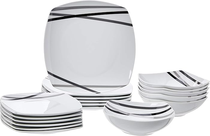 Amazon Basics 18 Piece Square Modern Lines Dinner Set for 6 People