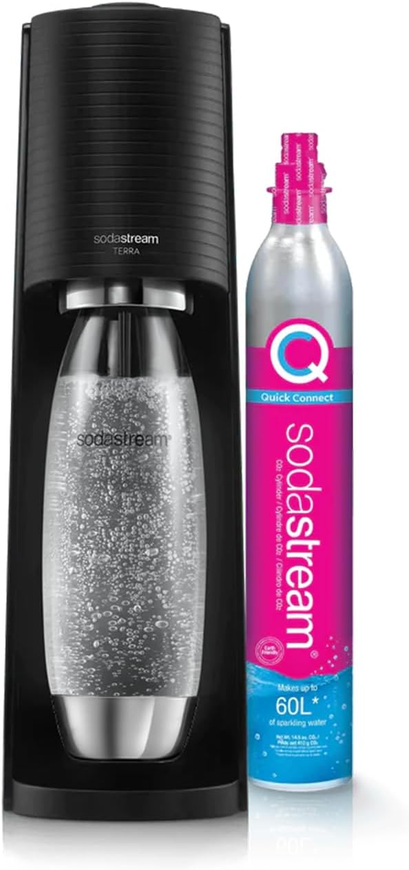 SodaStream Terra Sparkling Water and Soda Machine | Pack of 1 Bottle 1 Litre Dishwasher Safe Stainless Steel Finish + 1 x 60L Gas Refill to Clip | Black