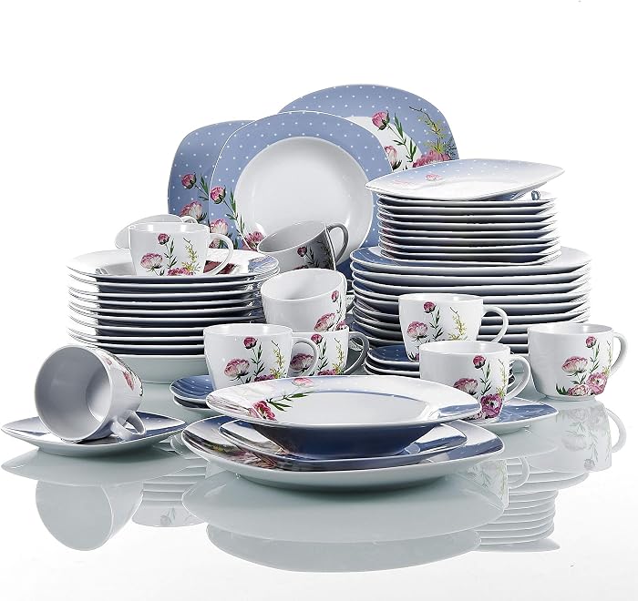 VEWEET Hannah 60-Piece Porcelain Dinner Set with Dessert Plates, Soup Plates, Cups, Saucers for 12 People (Pink Floral)