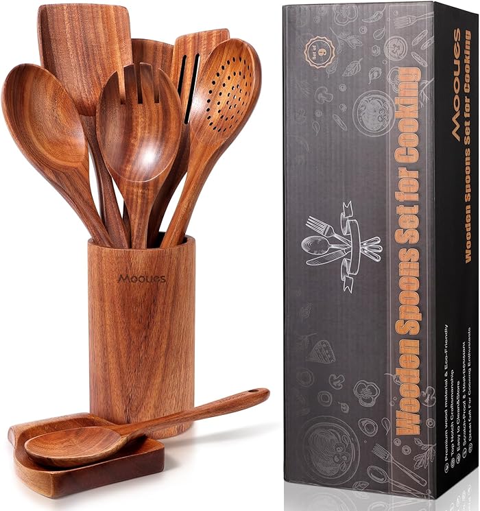 9 Piece Natural Teak Wooden Kitchen Utensil Set