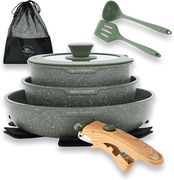 Kitchen Academy Lot de 10 Casseroles et Poêles, Poignée Amovible Verts